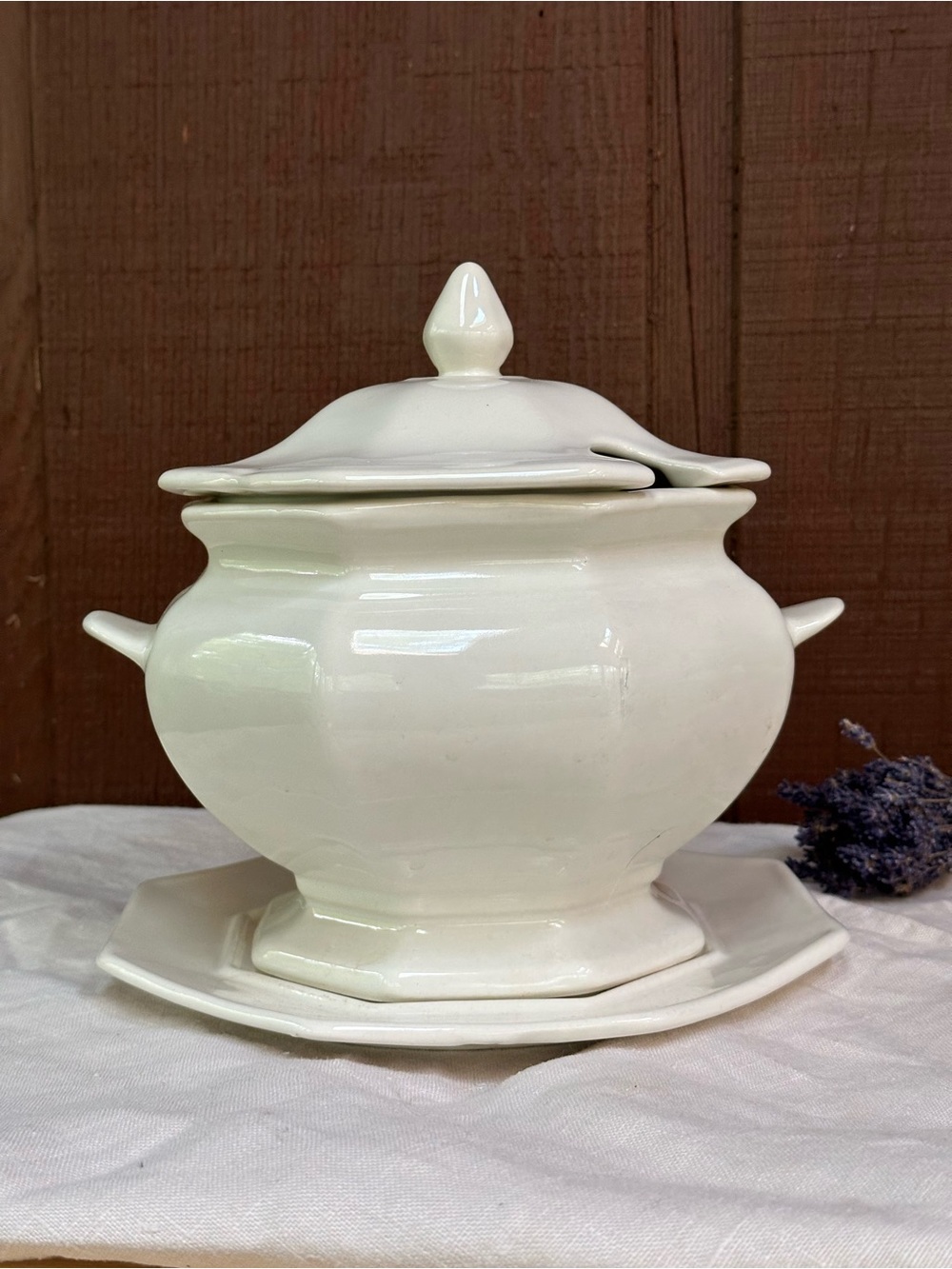 Vintage California Pottery White Octagonal Soup Tureen Set w/ Underplate